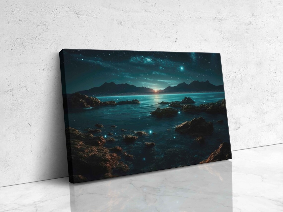 Dreamy Night Beach Turquoise Water Stars Rocky Shore Art Poster - Image 4