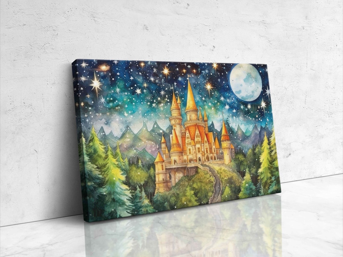 Golden Castle on Hill Full Moon Starry Night Pine Forest Wall Poster - Image 4