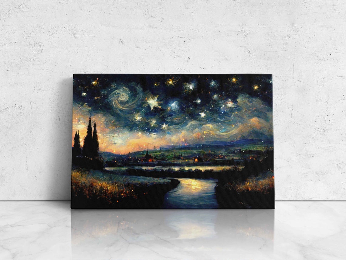 Starry Night Over River Village Swirling Sky Impressionist Art Poster - Image 4