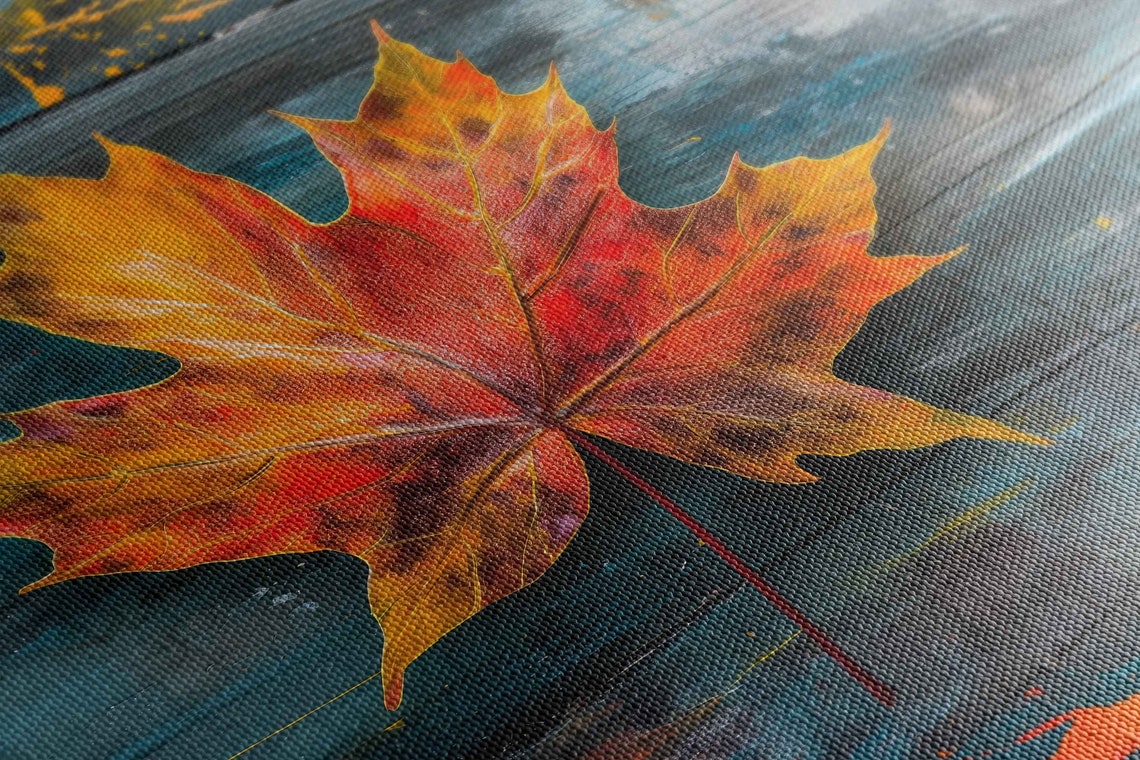 Single Maple Leaf On Blue Grey Painted Wood Fall Decor Art Poster - Image 2