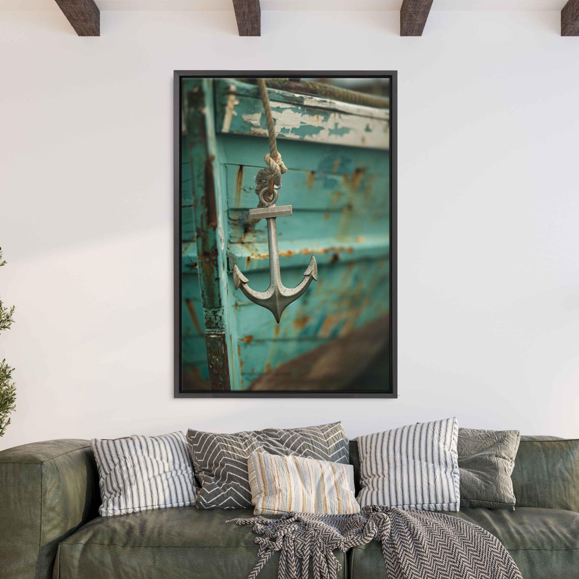 Silver Anchor Hanging On Rope Against Weathered Teal Boat Hull Poster