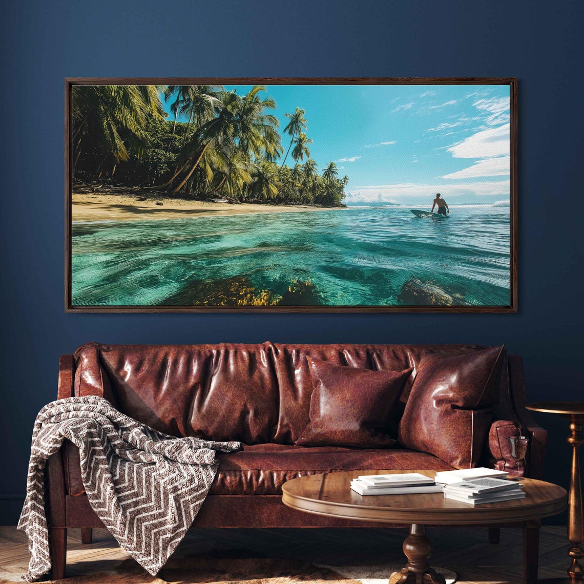 Surfer Floating By Sandy Beach Wall Art Print Tropical Island Gift For Surfer Blue Water Palm Trees Ready To Hang - Image 3