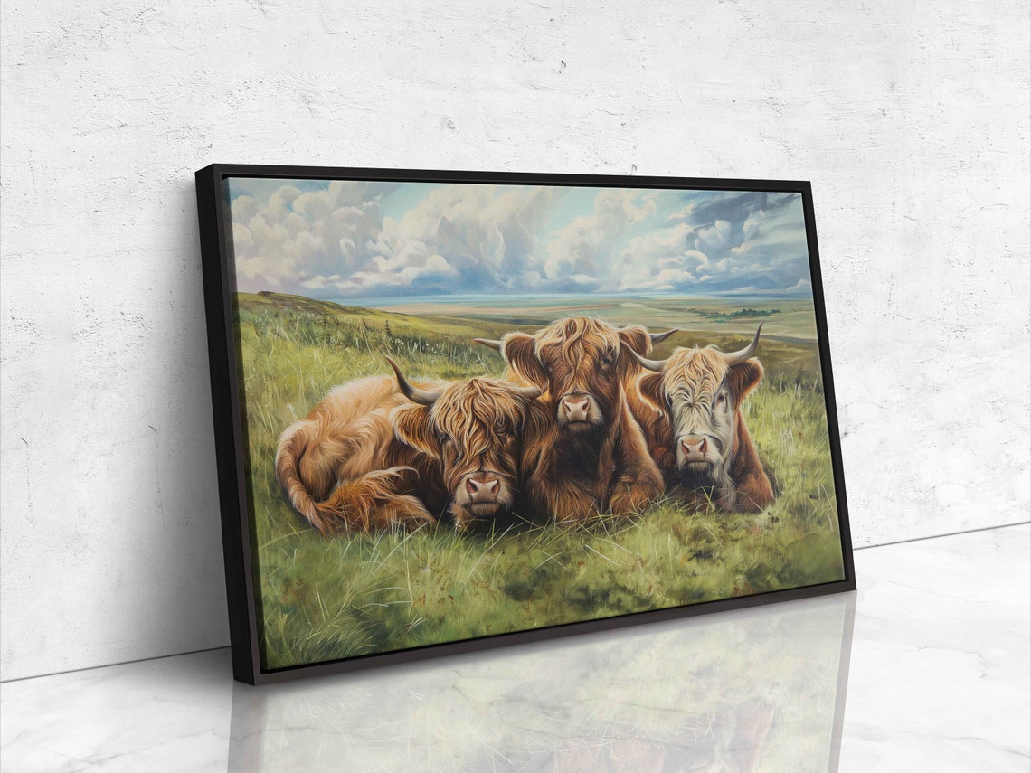 Highland Cows Resting Green Pasture Cloudy Sky Farm Animal Poster - Image 4