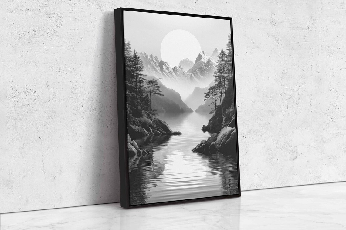 Serene Lake Flowing Through Mountainside Wall Art Print Monochromatic Art Lakeshore Forest Ready To Hang - Image 4