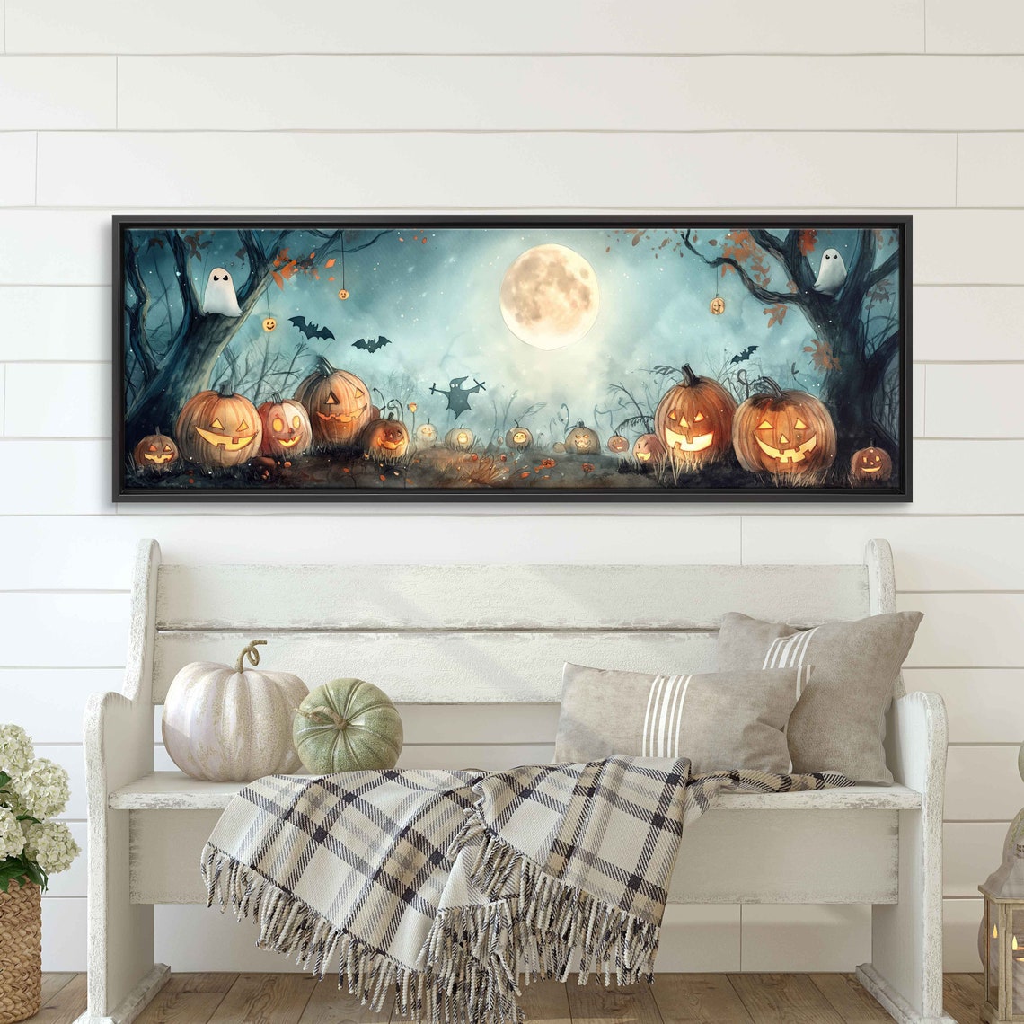 Moonlit Pumpkin Patch Glowing Jack O Lanterns Ghosts Halloween Print - Image 3