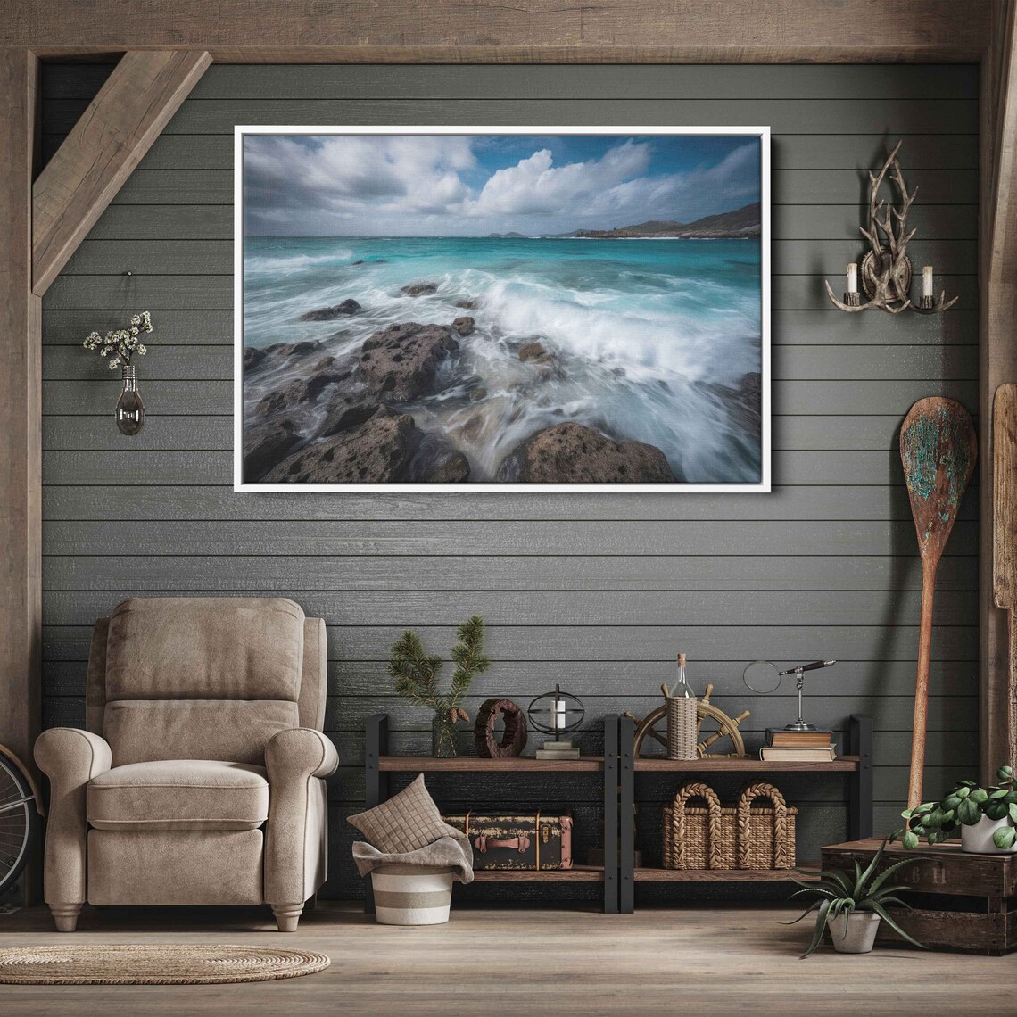 Turquoise Waves Crashing Dark Volcanic Rocks Rocky Beach Seascape Poster - Image 3