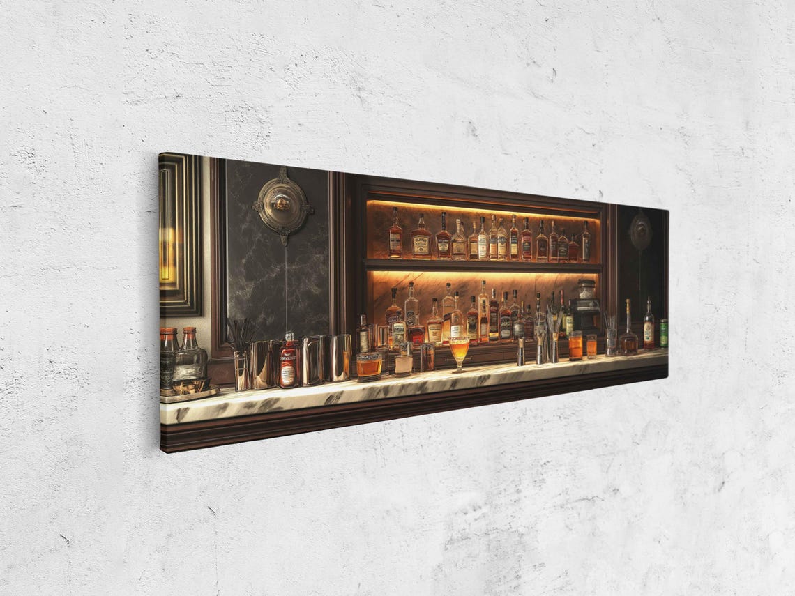Elegant Backlit Home Bar Bottle Display Night Panoramic Poster - Image 4