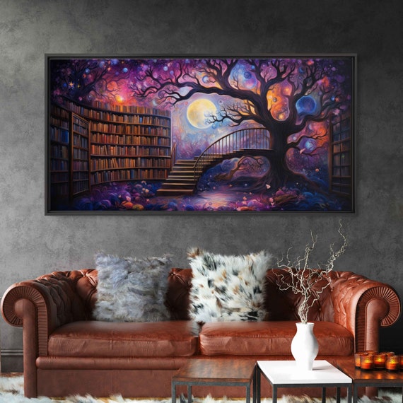 Colorful Tree Of Knowledge Library Fantasy Art Acrylic Painting Framed Print Ready To Hang Reading Nook Art Gift For Readers