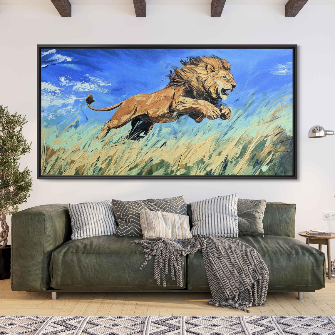 Majestic Lion Leaping Through Tall Grass Vibrant Blue Sky Art Poster