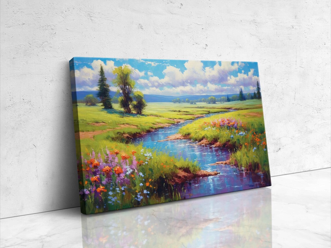 Summer Meadow River Painting, Vibrant Landscape Art Print - Image 4
