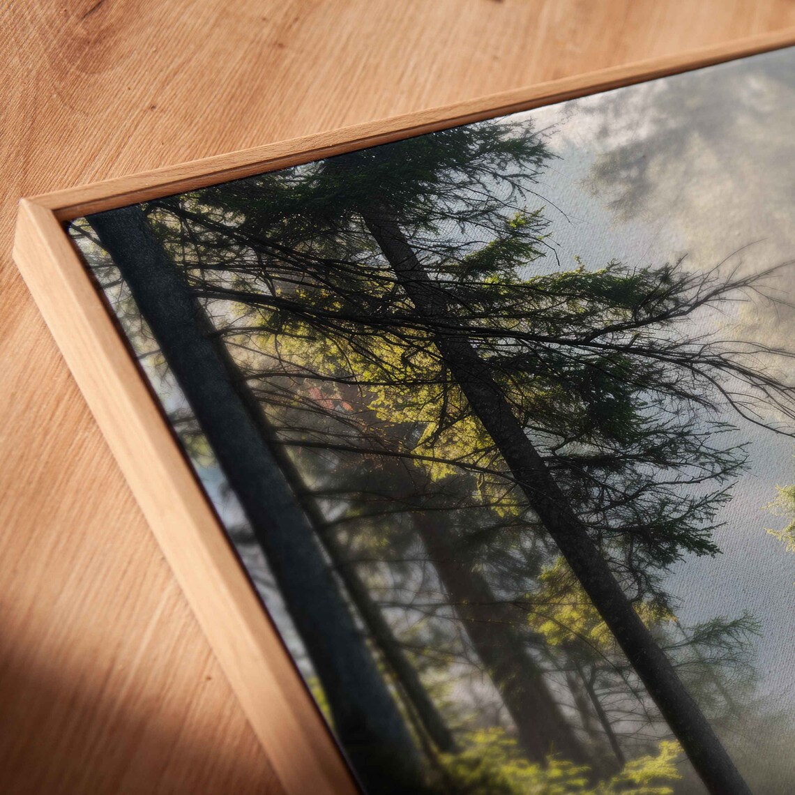 Mountain Path Through Sunlit Misty Forest Wall Art Print Ready To Hang - Image 2