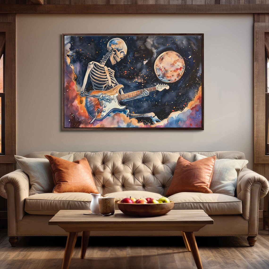 Skeleton Playing Electric Guitar Full Moon Cosmic Night Halloween Poster - Image 3