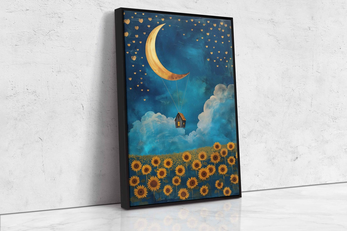 Crescent Moon Balloon Lifting Tiny House Over Sunflower Field Poster - Image 4