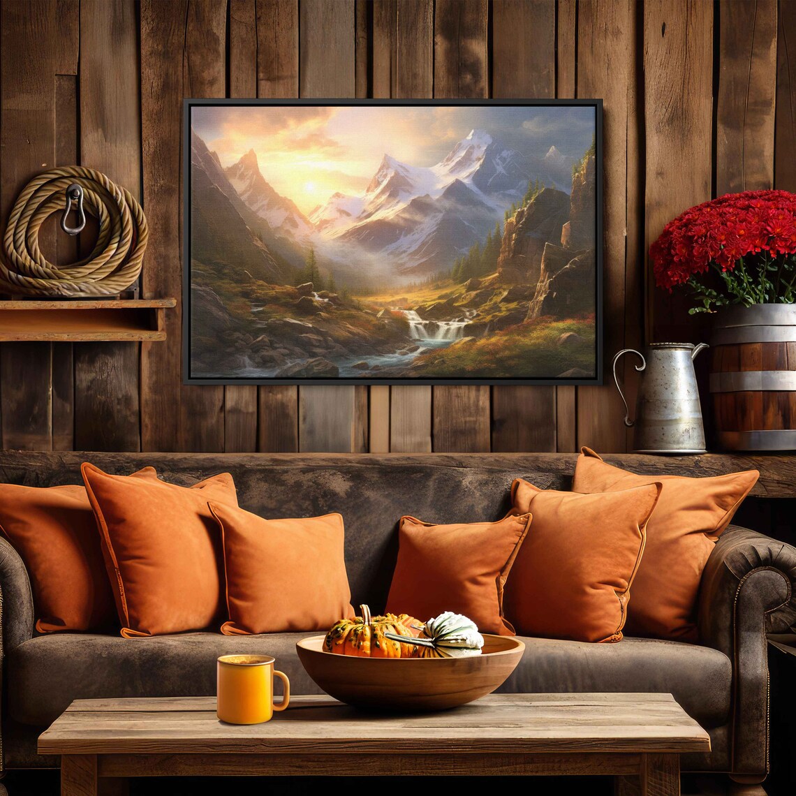 Captivating Sunlit Landscape Painting Mountain Valley Forest Framed Print Ready To Hang - Image 2