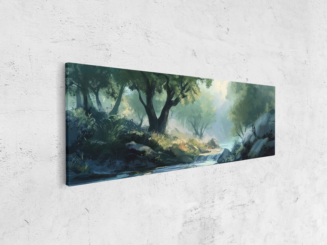 River In Forest Waterfall Painting Wall Art Print Ready To Hang Oil Painting - Image 4