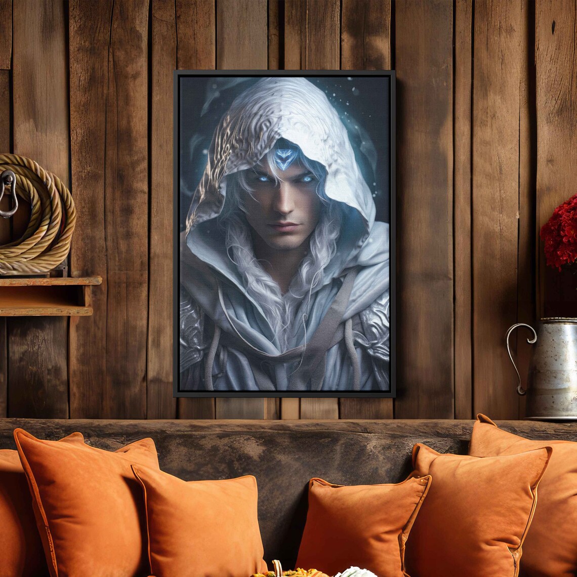 Hooded Ice Mage Fantasy Portrait Glowing Blue Gem Video Game Wall Art - Image 2