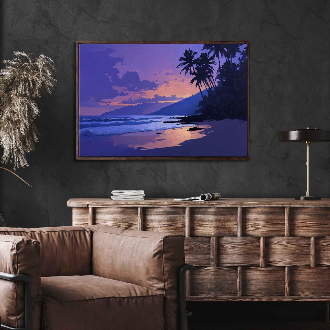Tranquil Beach Scene At Dusk Wall Art Print Silhouetted Palm Trees Soft Purples And Blues - Image 3