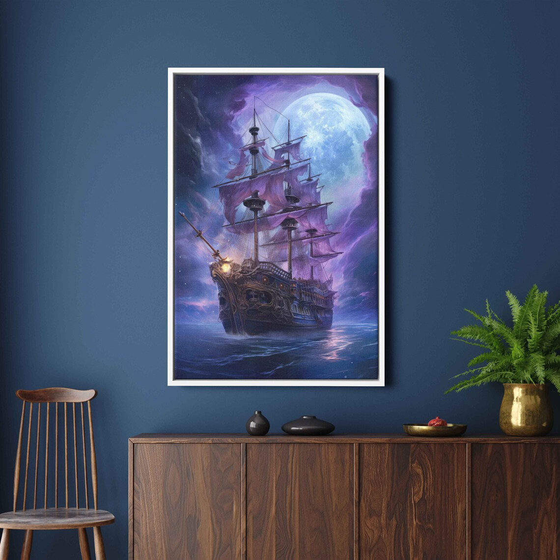 Pirate Galleon Full Moon Purple Night Sky Sailing Ship Fantasy Wall Art Poster - Image 3