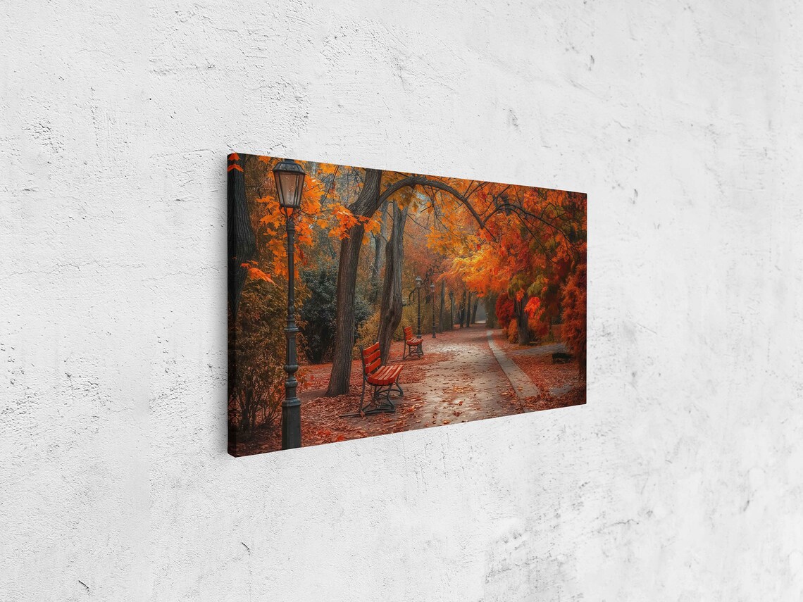 Autumn Park Path With Red Benches And Vintage Street Lamps Poster - Image 4