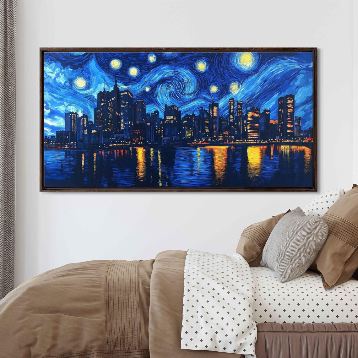City Skyline At Night Starry Swirling Sky Waterfront Lights Art Poster