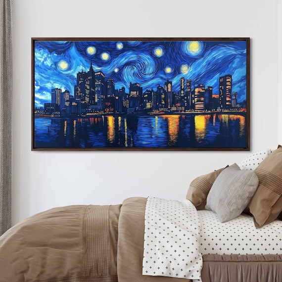 City Skyline At Night Starry Swirling Sky Waterfront Lights Art Poster