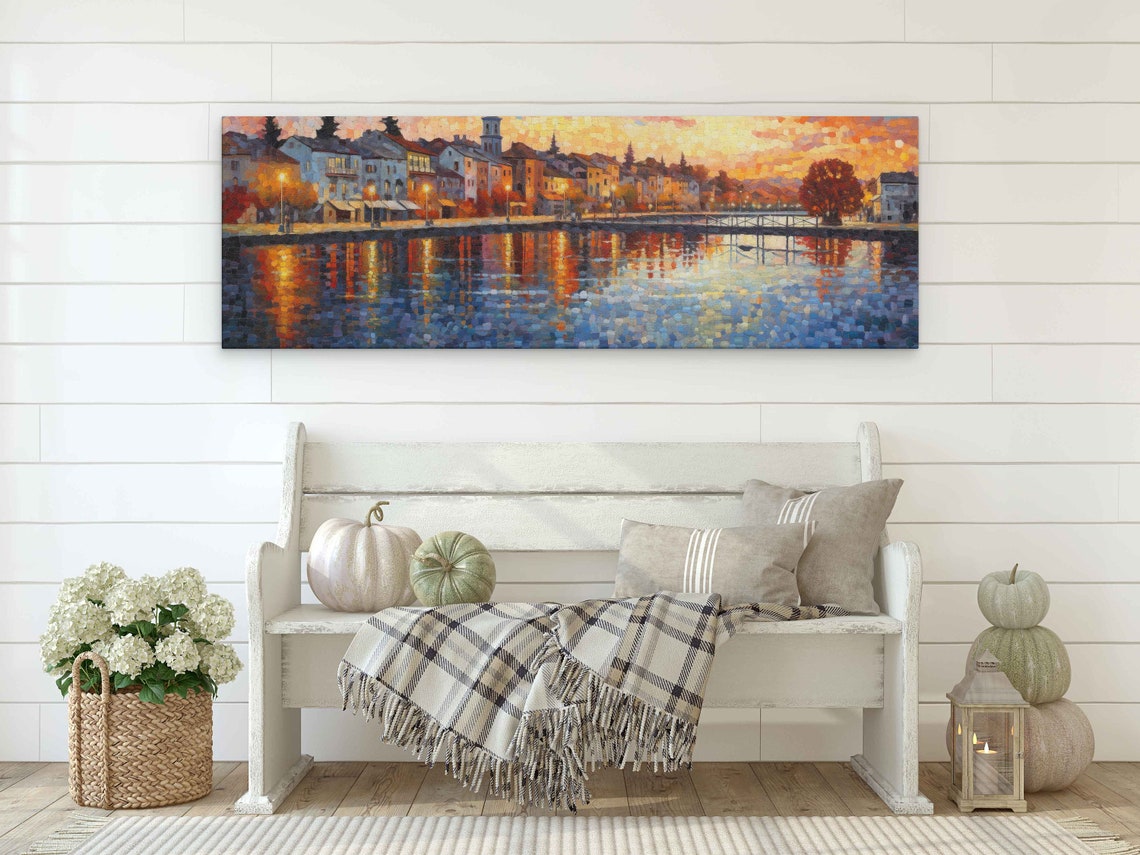 Small Quiet Town On A River Pointillist Painting Wall Art Framed Print Ready To Hang Panoramic Wall Art - Image 2