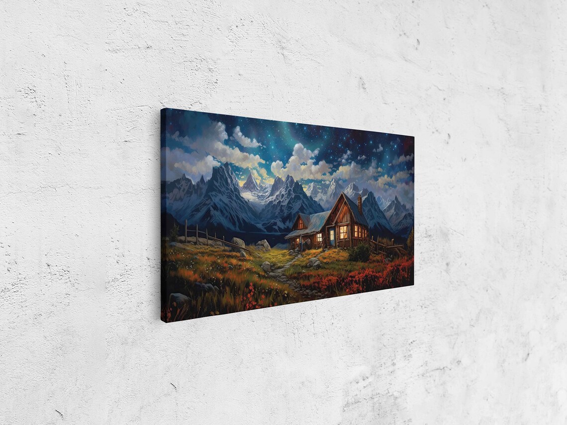 Lit Wooden Cabin Wildflower Meadow Starry Night Snowy Mountains Poster - Image 4