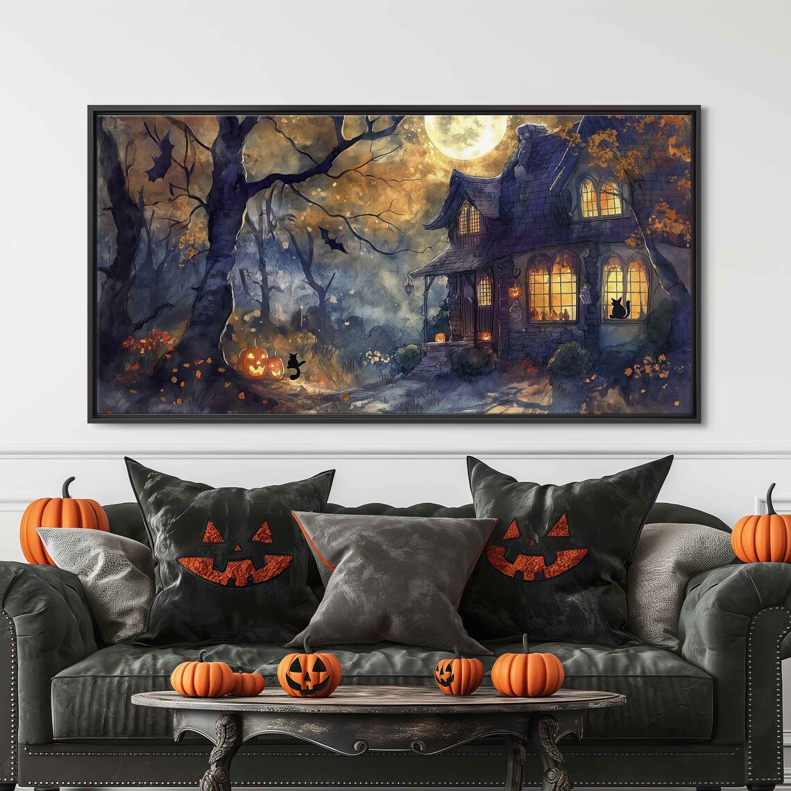 Cozy Moonlit Witches Cottage With Glowing Windows Black Cat And Bats Wall Art - Image 3