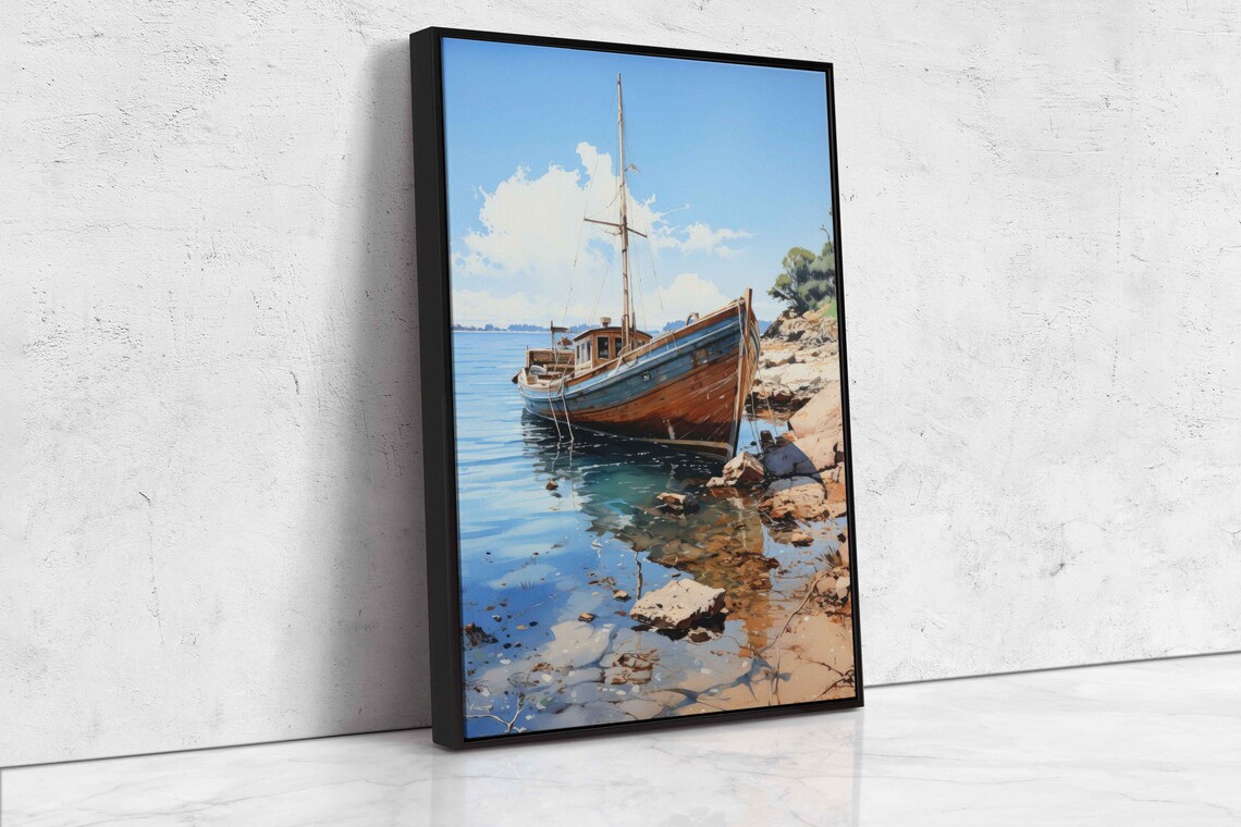 Old Vintage Wooden Sailboat Rocky Shore Calm Blue Water Poster - Image 4
