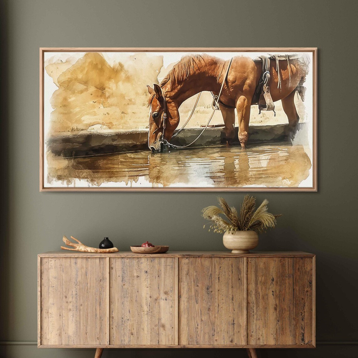 Chestnut Horse Drinking Water Trough Sepia Watercolor Wall Poster