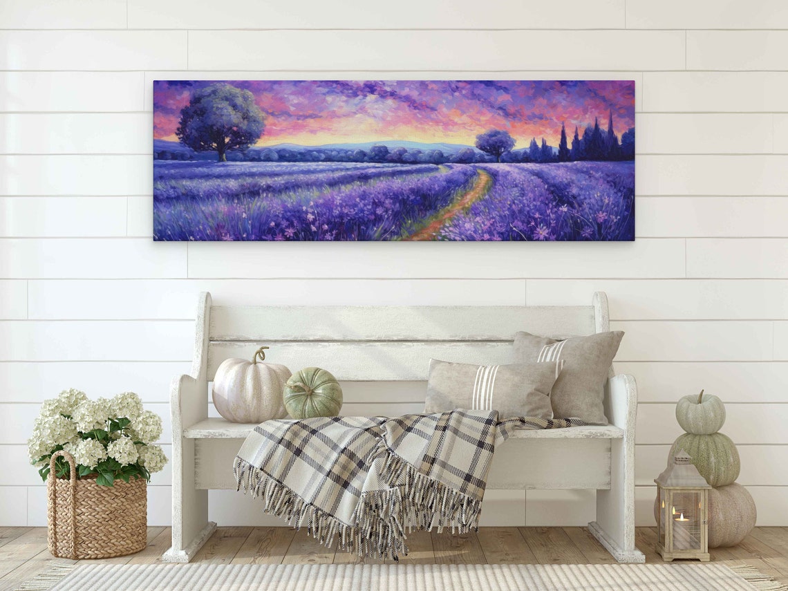 Lavender Field Winding Path Pink Sunset Panoramic Painting Poster - Image 2