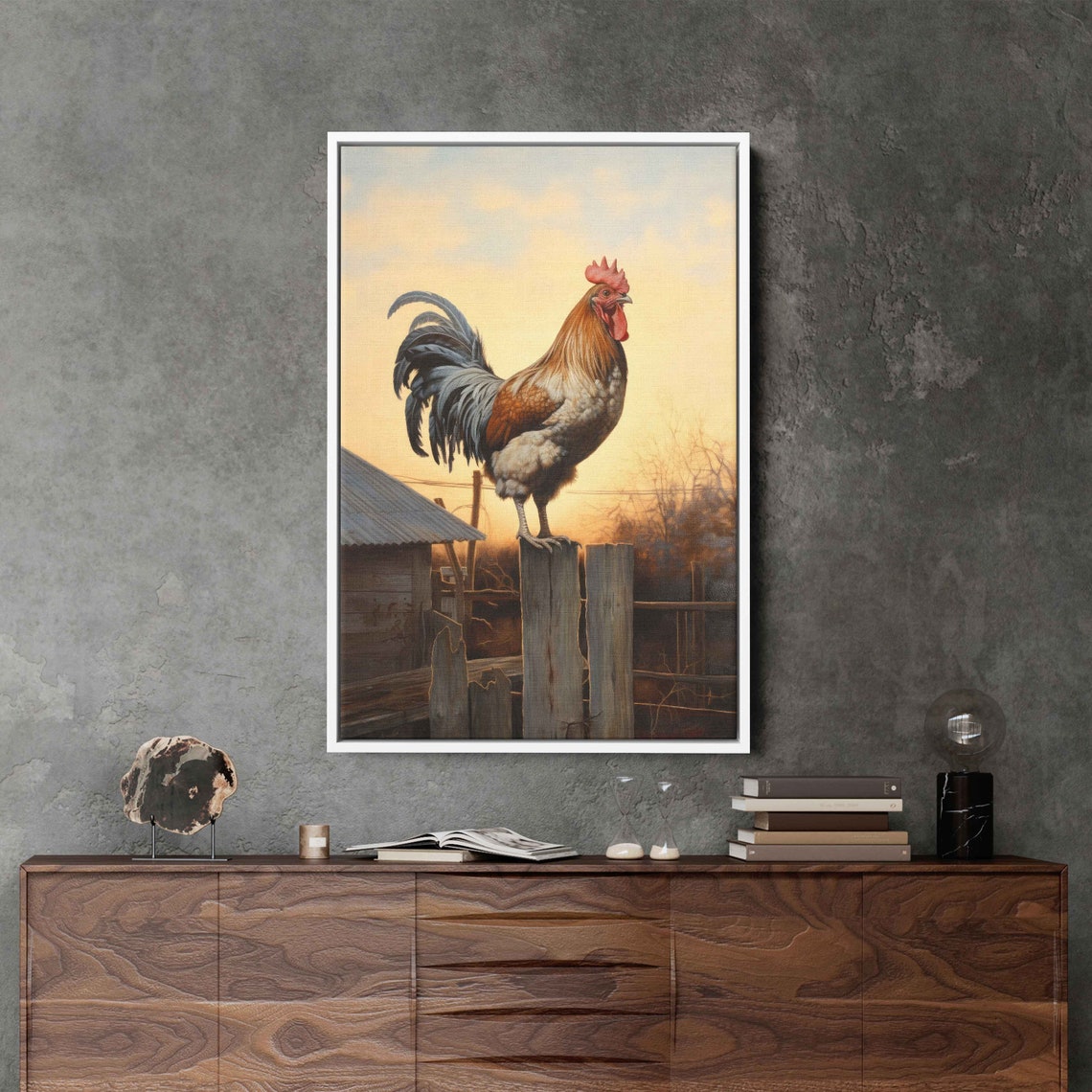 Rooster on Wooden Fence Post Golden Sunset Rustic Farm Wall Art Print - Image 2