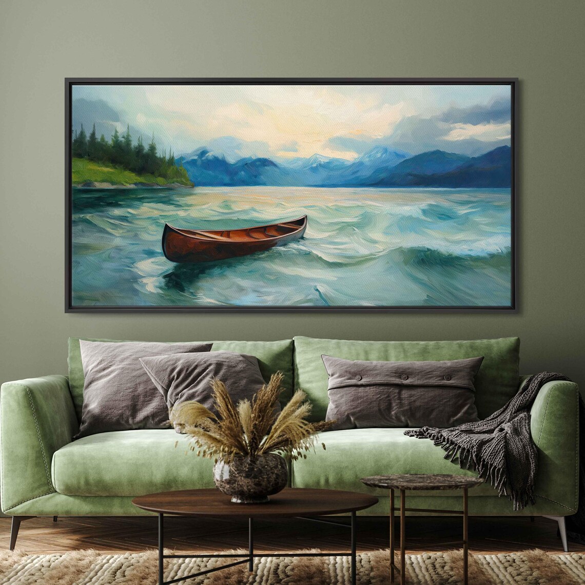Wooden Canoe Turquoise Waves Mountain Lake Scenic Oil Painting Poster - Image 3