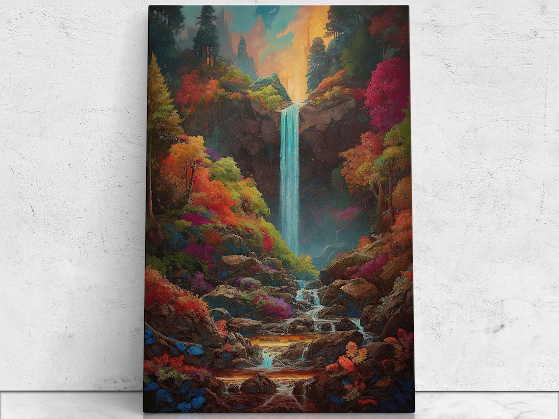 Waterfall In Colorful Autumn Forest Stylized Fantasy Art Poster