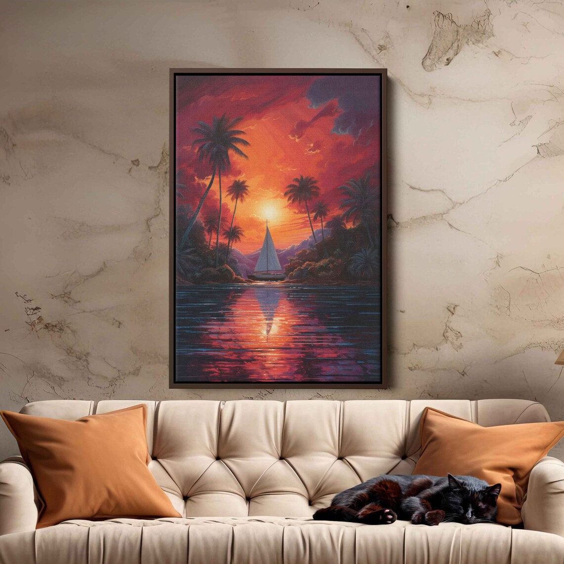 Sailboat On Tropical Lagoon At Sunset With Palm Trees Painting Poster - Image 3