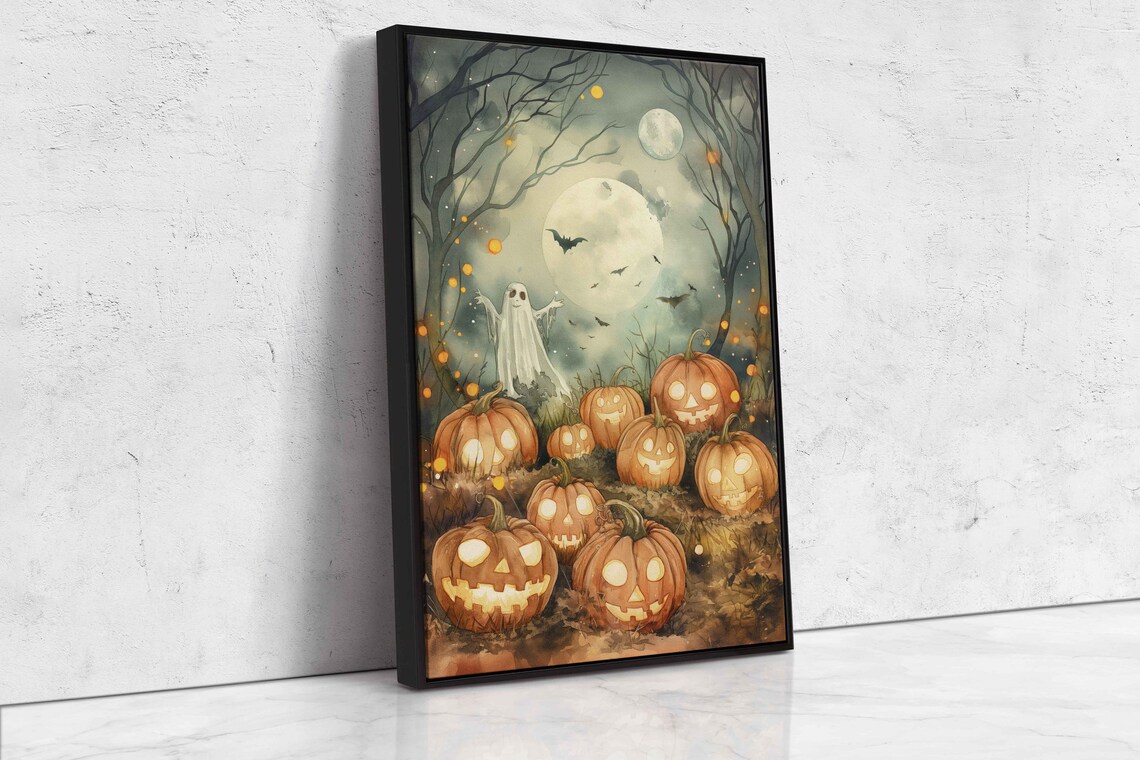 Moonlit Pumpkin Patch With Friendly Ghosts Bats And Glowing Pumpkins Wall Art - Image 4