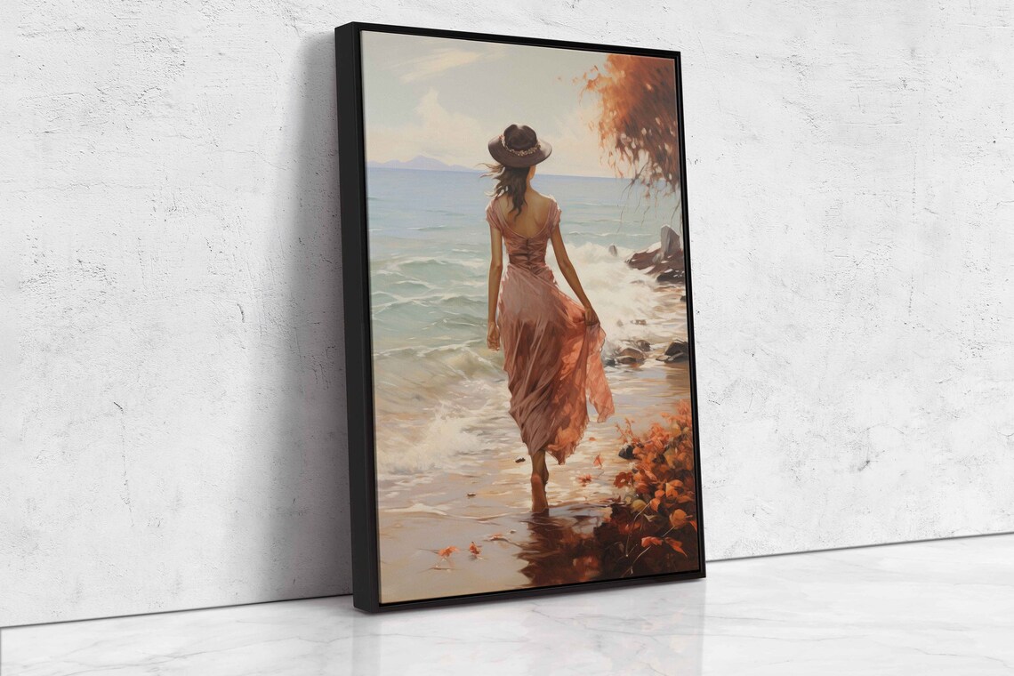 Woman Beach Hat Rocky Shore Ocean Waves Watercolor Coastal Scene Poster - Image 4