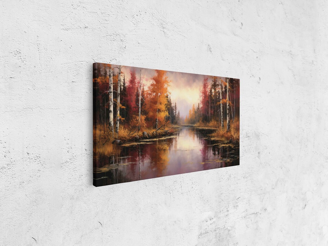 Birch Tree River Autumn Foliage Mirror Water Landscape Painting Poster - Image 4