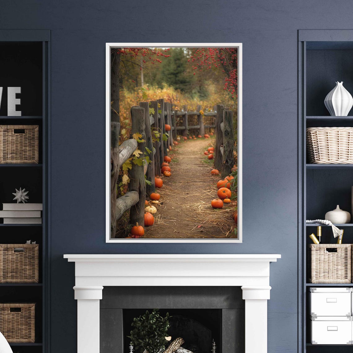 Split Rail Fence Lane With Pumpkins Fall Farm Path Photo Wall Art