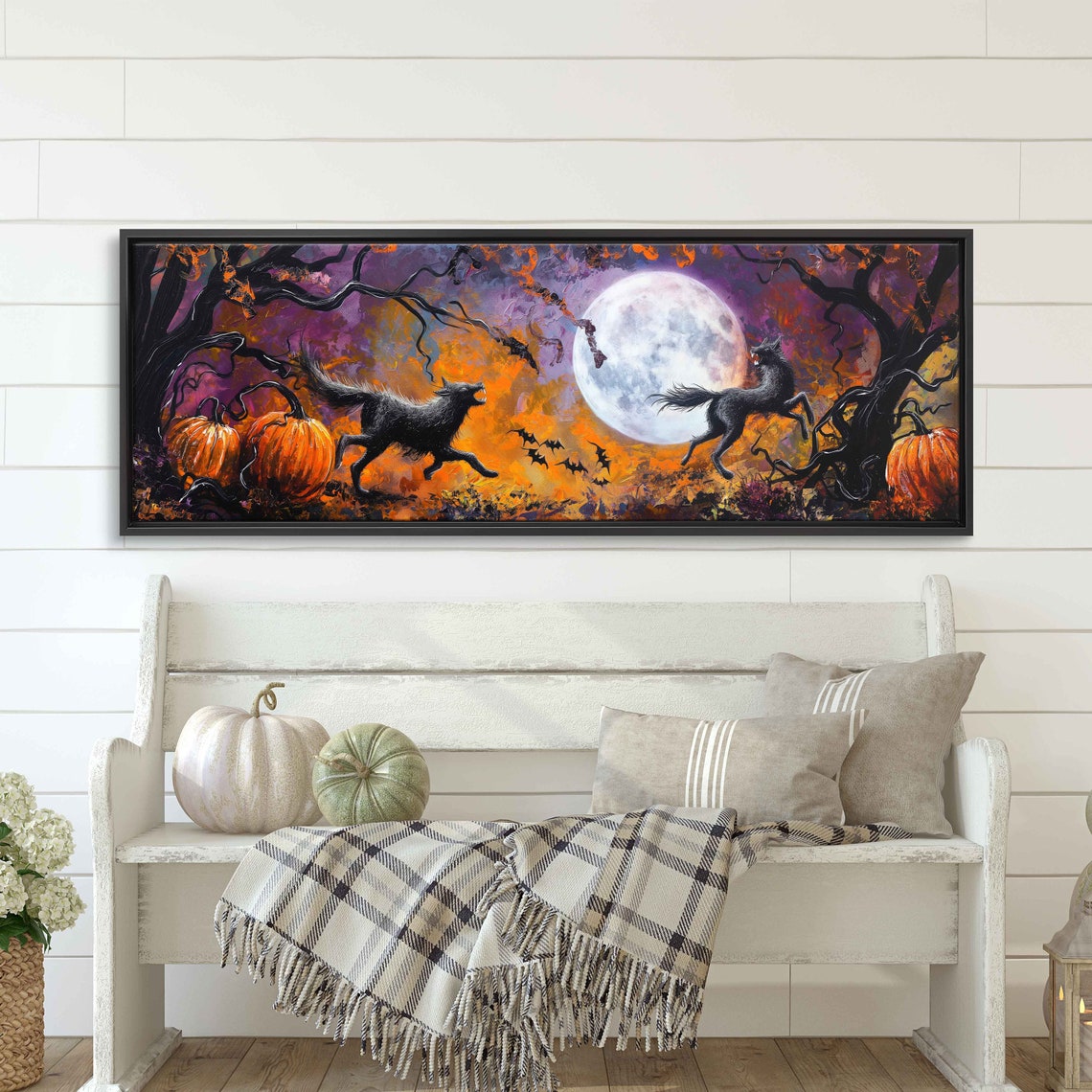 Werewolves Full Moon Pumpkin Patch Bats Fiery Night Panoramic Poster