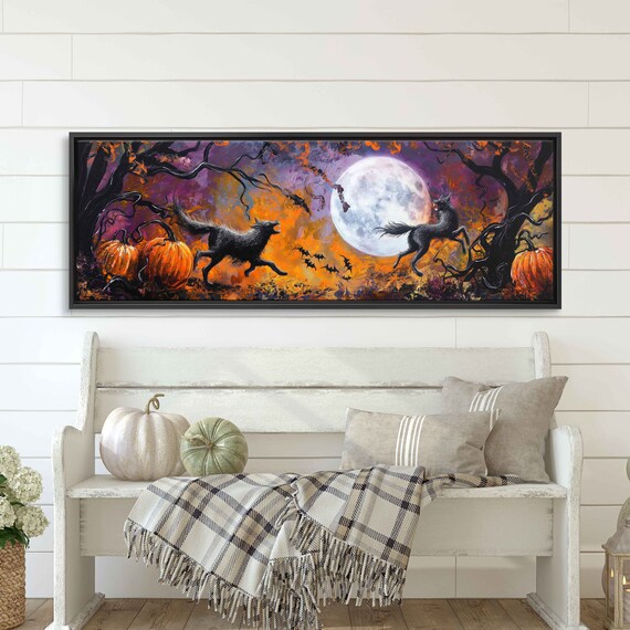 Werewolves Full Moon Pumpkin Patch Bats Fiery Night Panoramic Poster