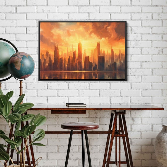 Sunset Cityscape City Skyline Art Wall Art Framed Print Ready To Hang