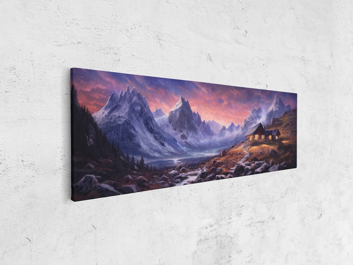 Alpine Cabin at Twilight Pink Sky Snowy Peaks Night Painting Poster - Image 4