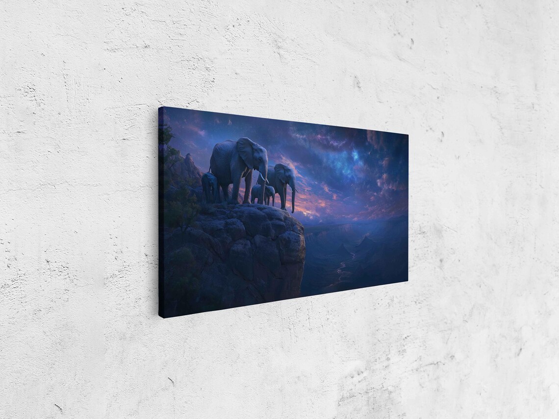 Elephant Family Rocky Cliff Twilight Panoramic Painting Starry Night Sky Majestic Poster - Image 4
