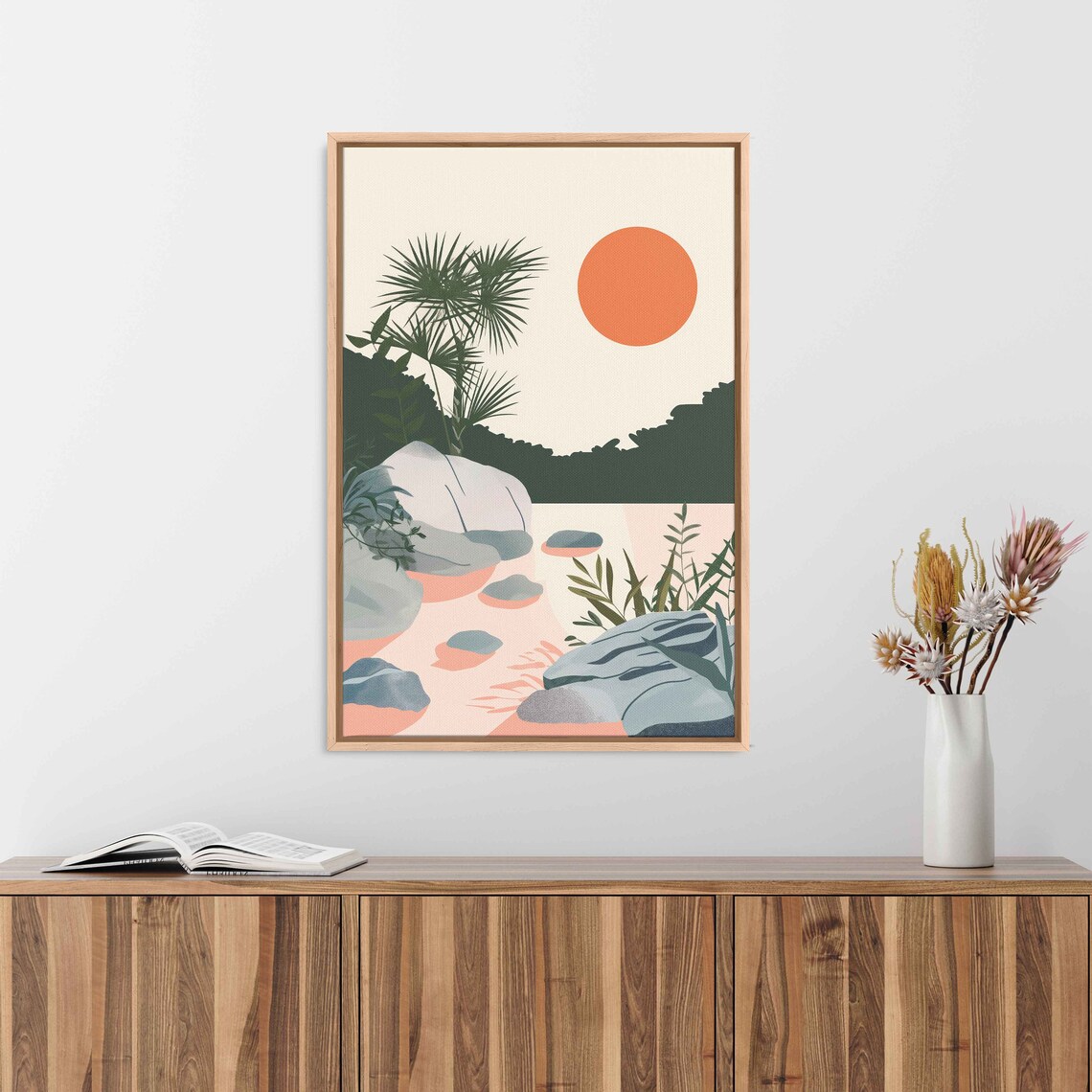 Zen Garden Flowing Stream Smooth Rocks Palm Silhouettes Warm Sun Wall Art