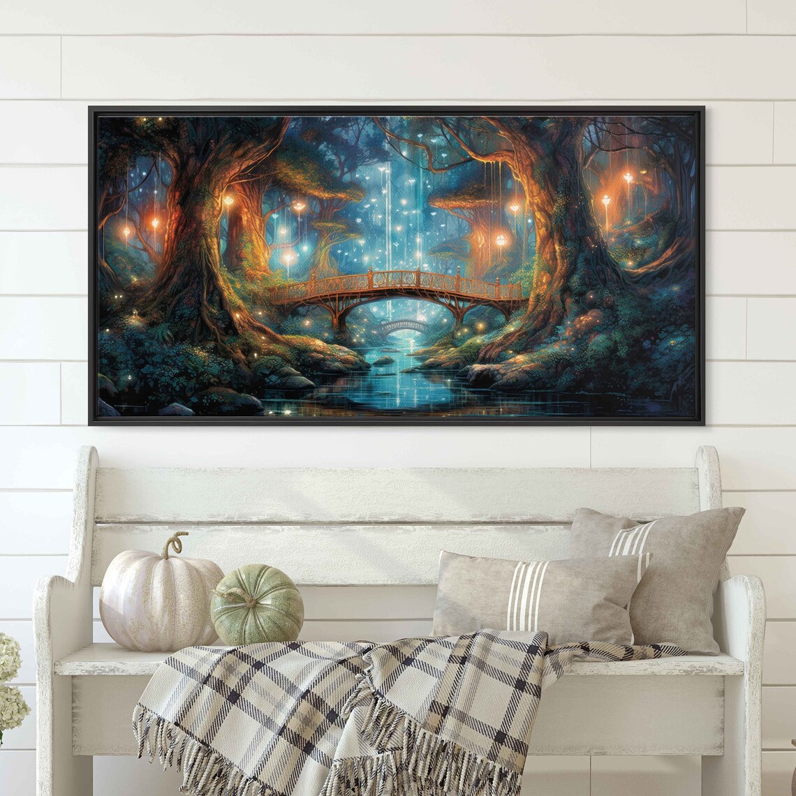 Enchanted Firefly Forest With Bridge Fantasy Art Framed Print Ready To Hang Panoramic Painting - Image 2