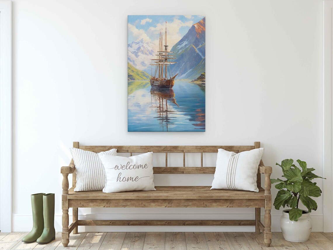 Tall Ship Sailing Mountain Fjord Calm Blue Water Reflection Wall Art Poster - Image 2