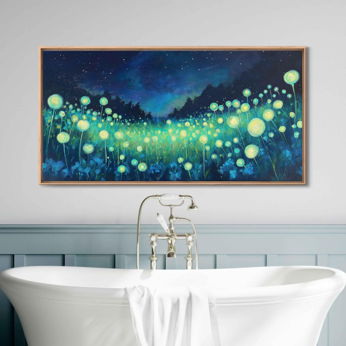 Dreamlike Field Of Glowing Neon Flowers Under Starry Night Sky Print