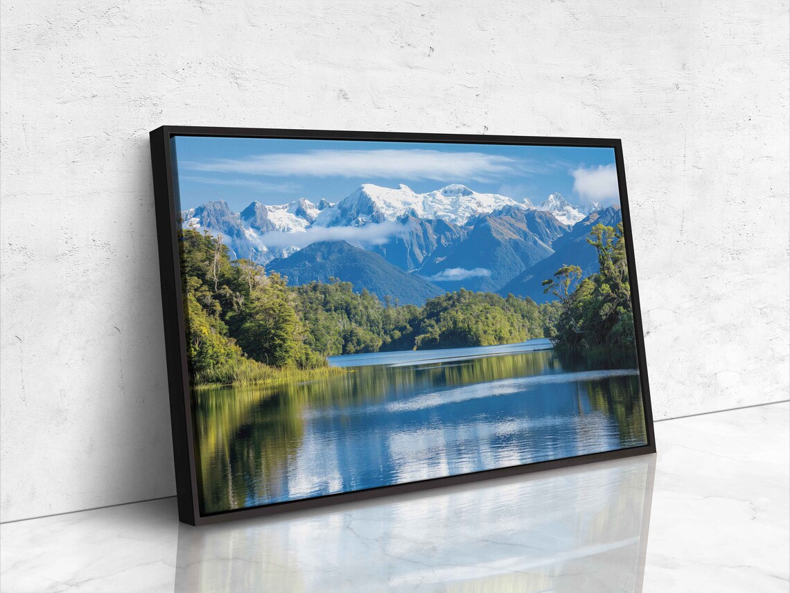 Snowy Mountain Range Mirror Lake Reflection Green Forest Photo Art - Image 4