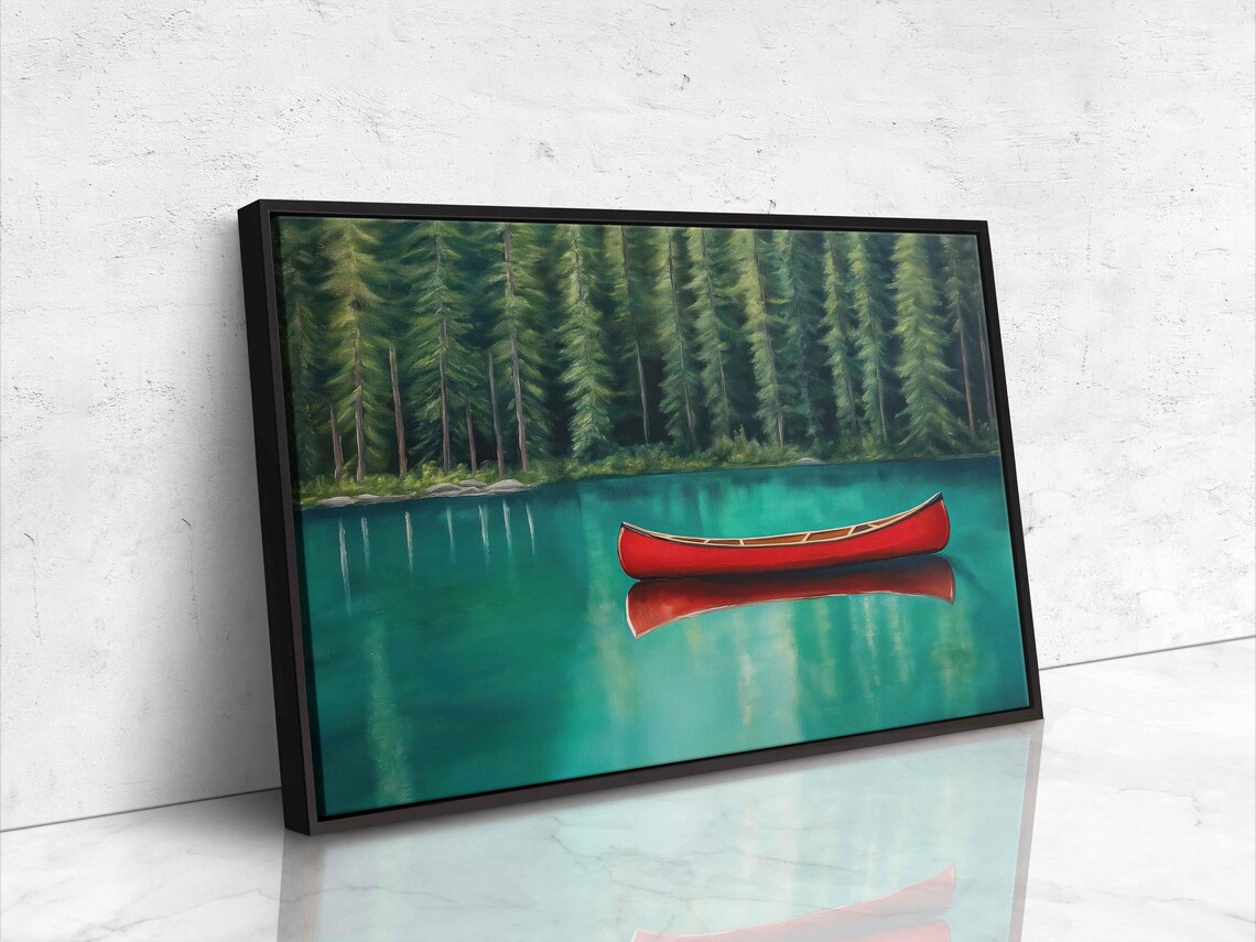 Red Canoe On Tranquil Emerald Lake Art Print - Image 4
